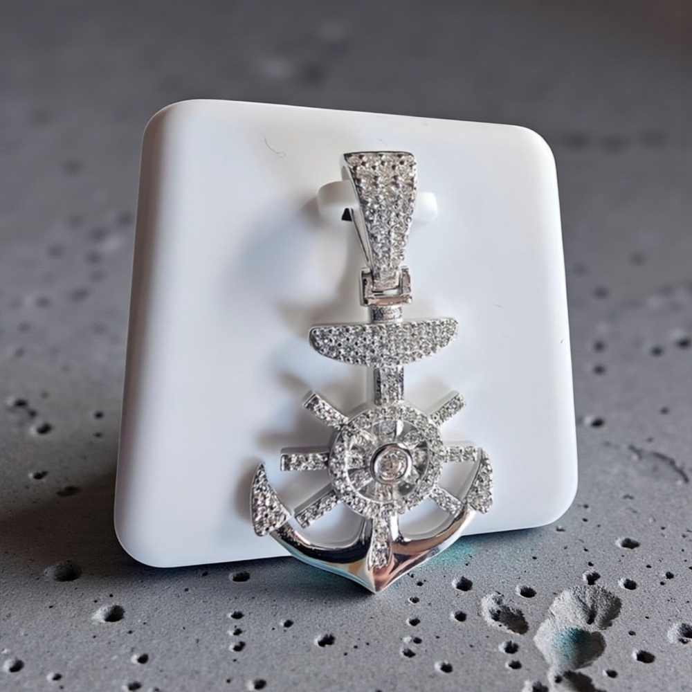 Silver Moissanite Wheel & Anchor Pendant Necklace NEW With Chain